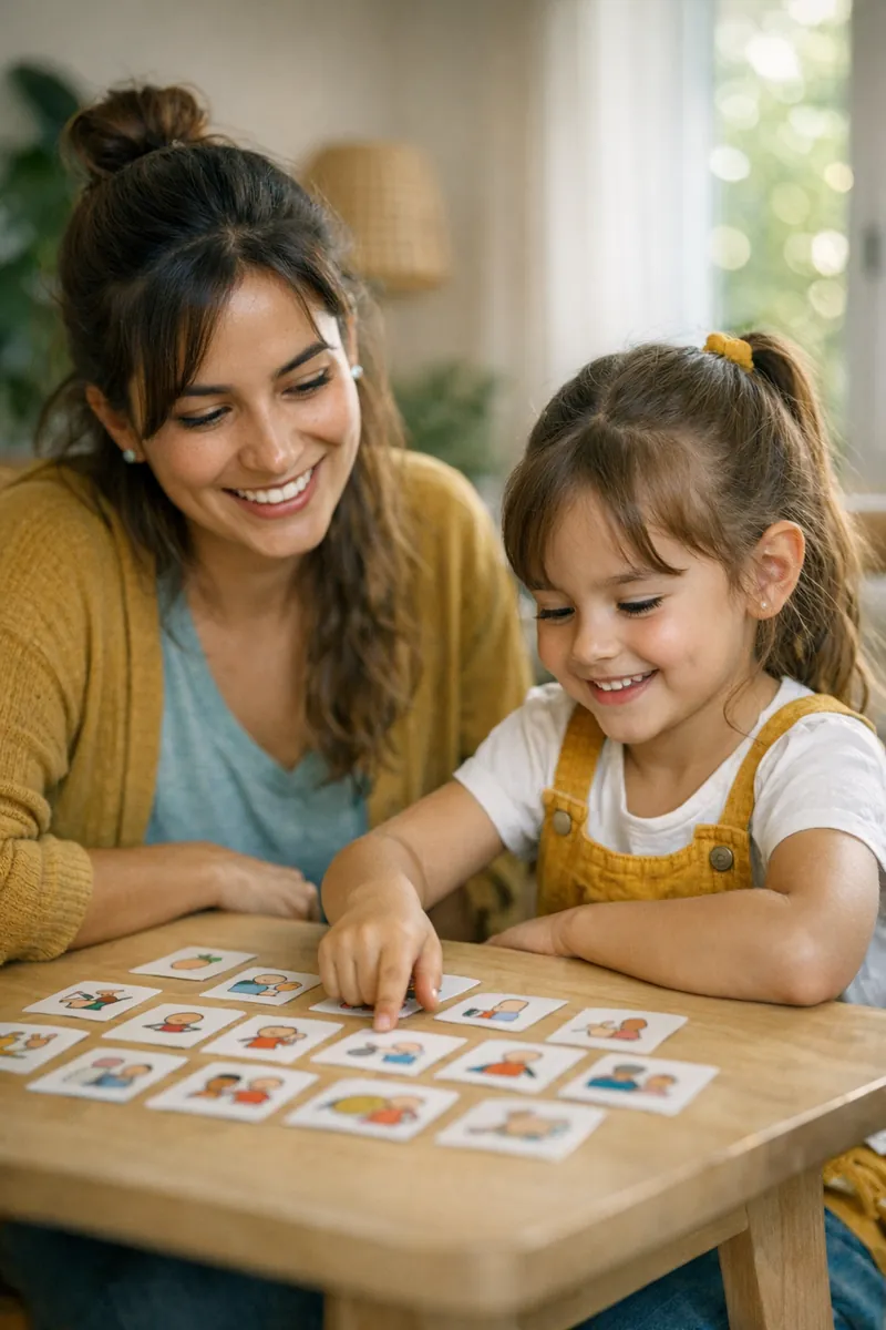 Una terapeuta y una nena miran juntas tarjetas con pictogramas sobre una mesa