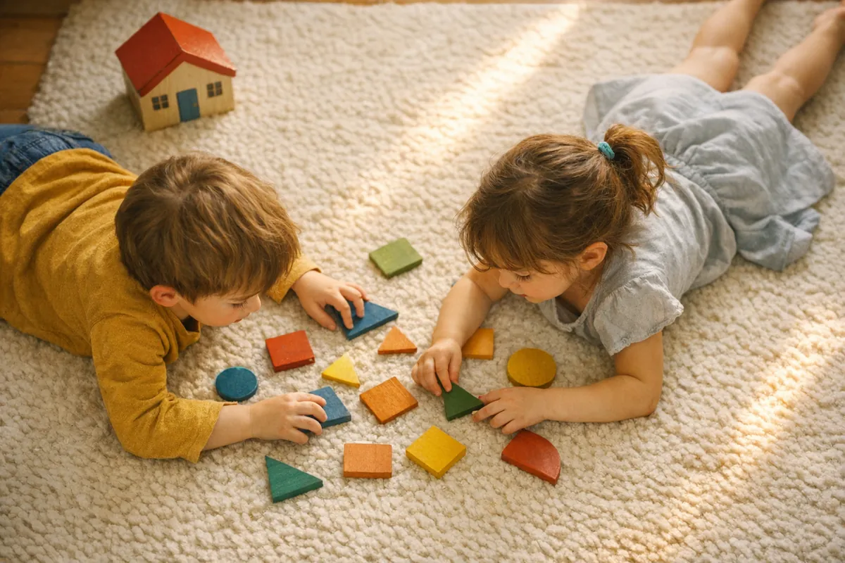 Dos chicos juegan con figuras geométricas de colores sobre una alfombra, junto a una casita de juguete